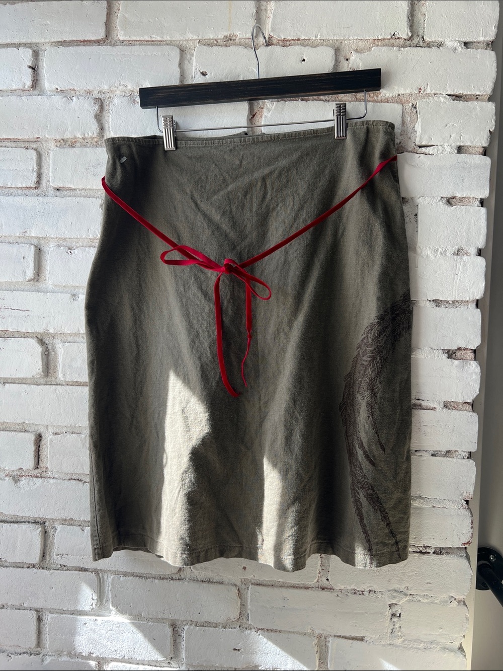 Olive Green Midi Skirt with Red Waist Tie